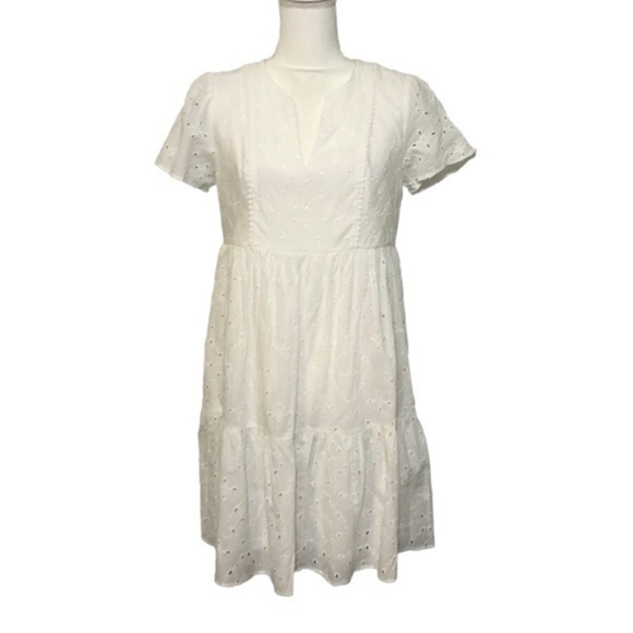 NWT White Eyelet Tiered Ruffle Swing Dress Mini Knox Rose Short Sleeve New - Picture 2 of 8